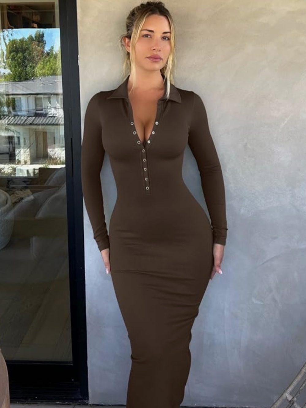 OQQ Long Sleeve Collared Button Front Compression Midi Dress in Dark Brown L